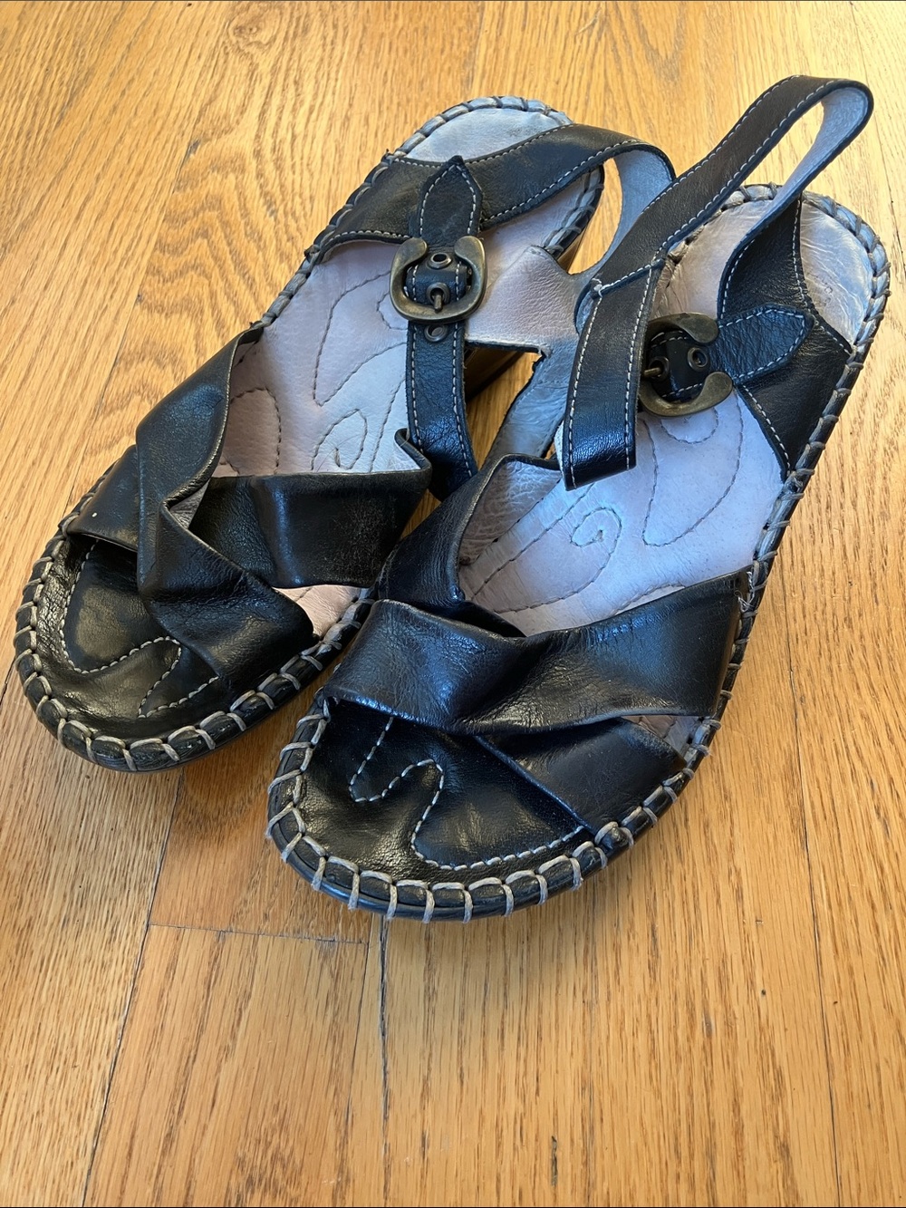 Women's Black Leather Slingback Sandals with Decorative Buckle